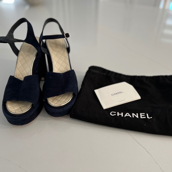CHANEL Blue Suede Platform Wedge CC Sandals - Picture 6 of 13